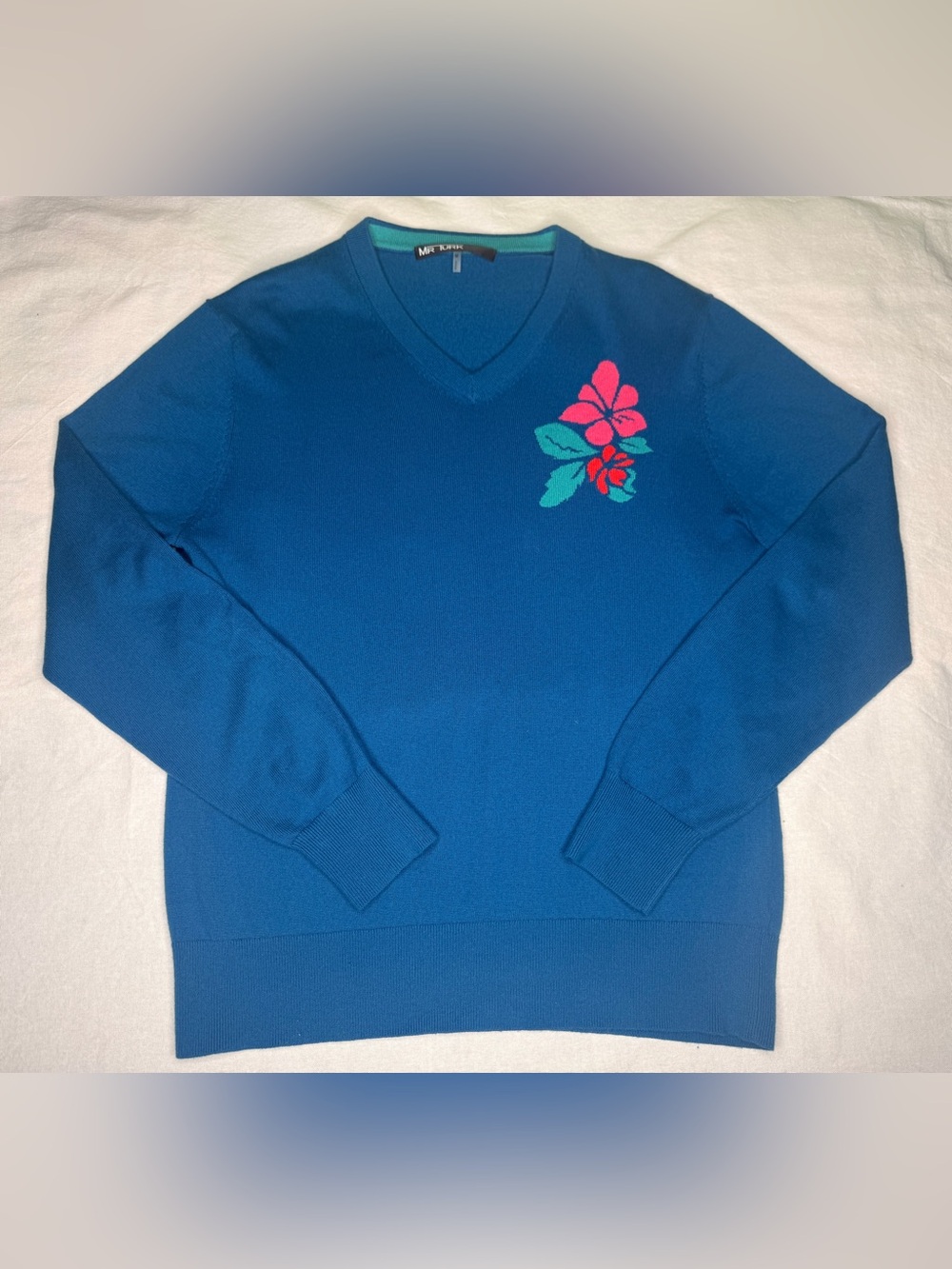 Mr Turk Men's Teal “Copacabana” V-Neck Sweater with Pink Floral Accent